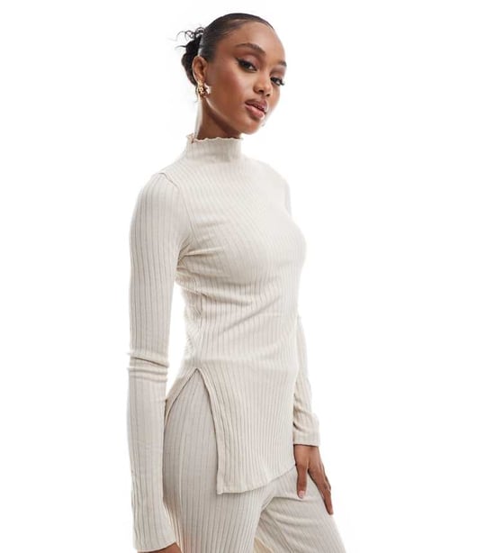 Vero Moda Tall ribbjersey lång topp set i sten - Image 1