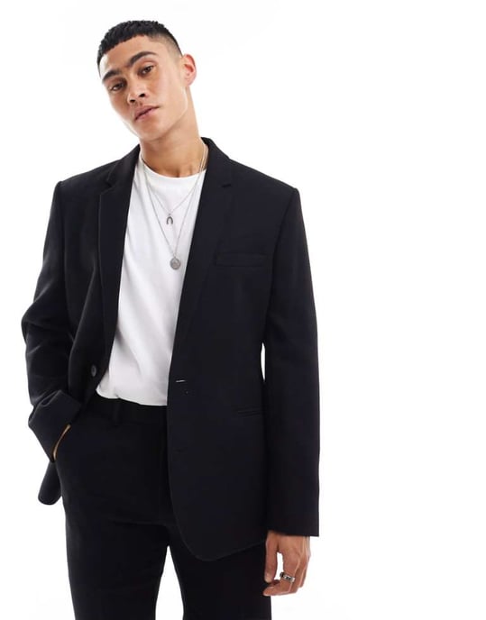ASOS DESIGN slim fit ullblandning kavaj i svart twill - Image 1