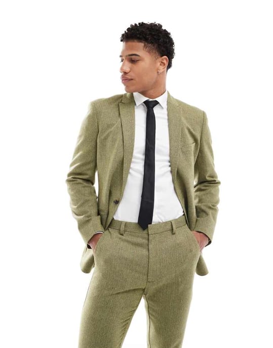 ASOS DESIGN smal ullblandning kostymjacka i olivgrön korgvävstextur - Image 1