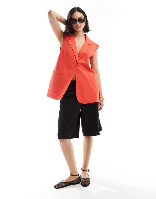 ASOS DESIGN ärmlös skräddarsydd blazer i linne i röd - Image 3