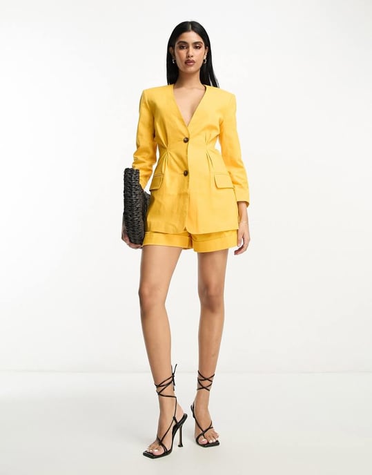 ASOS DESIGN kragenlös kostymblazer med linne i citrus - Image 2