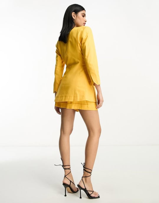 ASOS DESIGN kragenlös kostymblazer med linne i citrus - Image 4