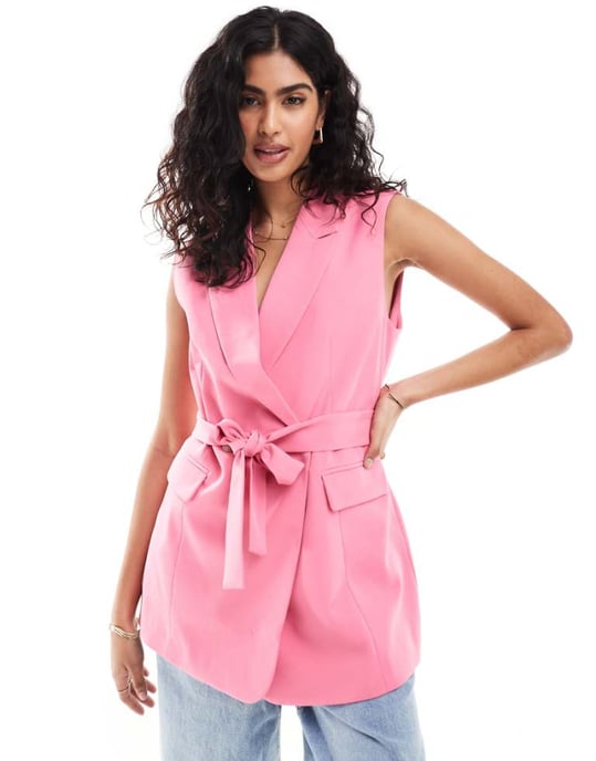 ASOS DESIGN ärmlös skräddarsydd blazer med knytmidja i mjuk rosa - Image 1