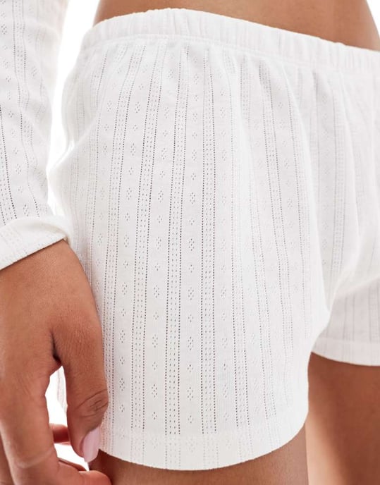 Monki koord bomulls pointelle jersey shorts i vitt - Image 4