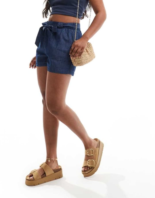 JDY chambray knyt framshorts i indigoblå - Image 4