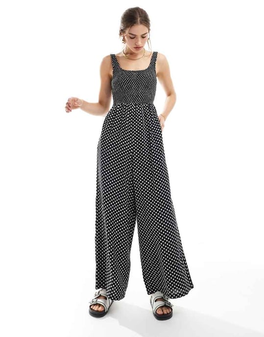 ASOS DESIGN scoop neck löst sittande jumpsuit i monokrom pricktryck - Image 4