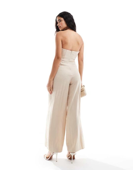 ASOS DESIGN bandeau korsettsöver bredbenad linne jumpsuit i naturlig - Image 2