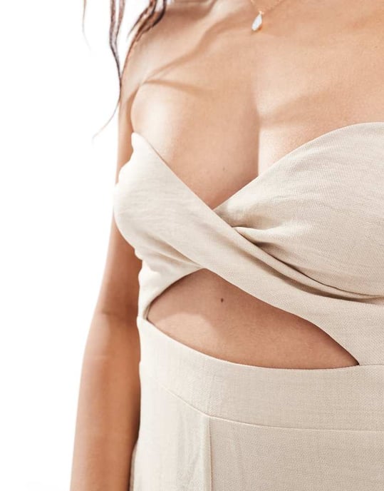 ASOS DESIGN bandeau korsettsöver bredbenad linne jumpsuit i naturlig - Image 3