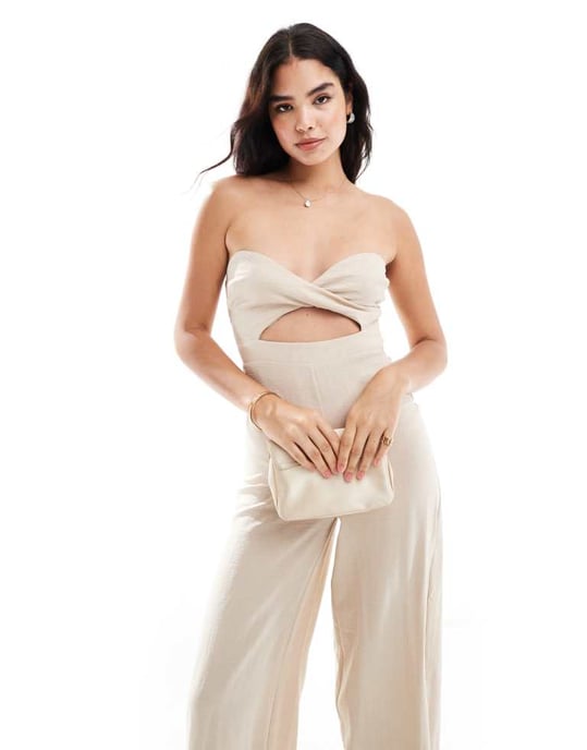 ASOS DESIGN bandeau korsettsöver bredbenad linne jumpsuit i naturlig - Image 4