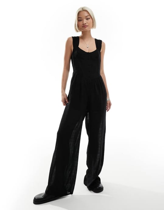 Återvunnen vintage jumpsuit med bystdetalj i svart - Image 1
