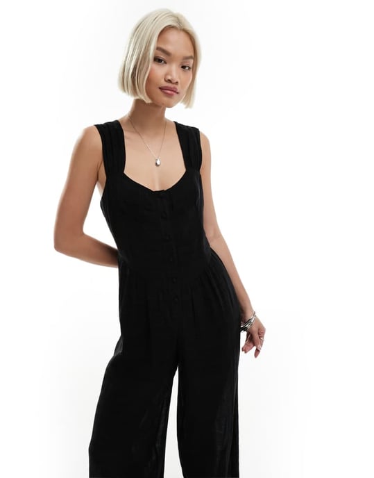 Återvunnen vintage jumpsuit med bystdetalj i svart - Image 2