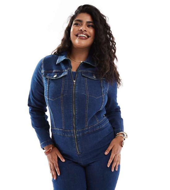 ASOS DESIGN Curve långärmad stretch 70-tals jumpsuit i mörkblå - Image 1