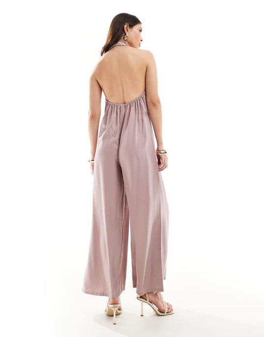 ASOS DESIGN djupt v-ringad halterneck jumpsuit i mauve - Image 4