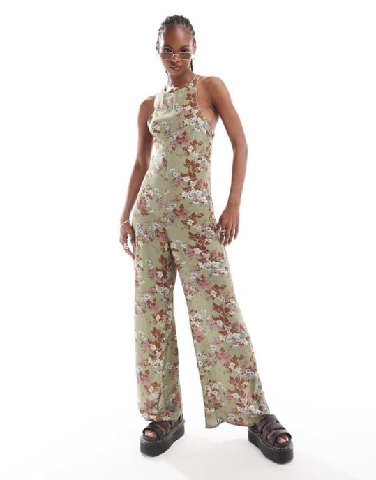 Återvunnen vintage ärmlös jumpsuit i grön blommig - Image 1