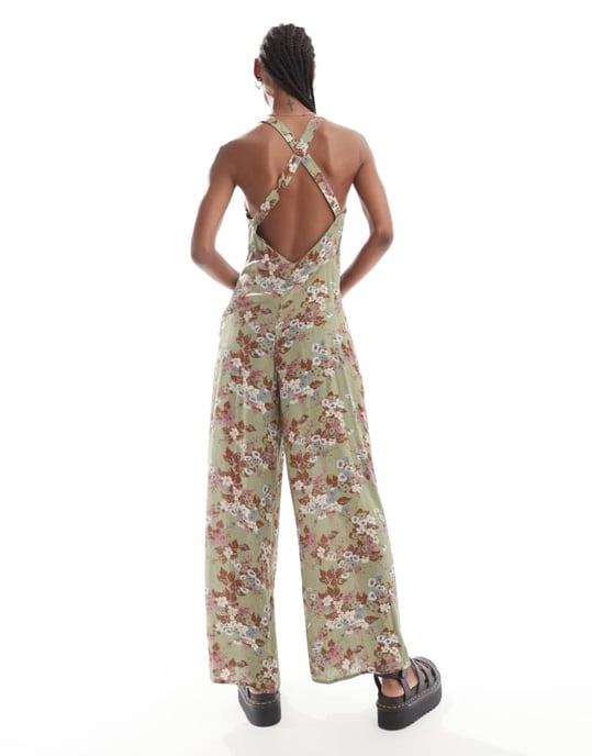 Återvunnen vintage ärmlös jumpsuit i grön blommig - Image 2