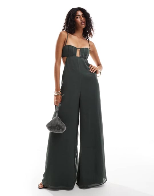 ASOS DESIGN satinkorsett med detaljer, urtagna i vida chiffonjumpsuit i grön - Image 1
