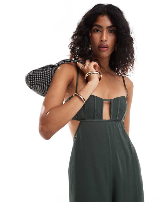 ASOS DESIGN satinkorsett med detaljer, urtagna i vida chiffonjumpsuit i grön - Image 3