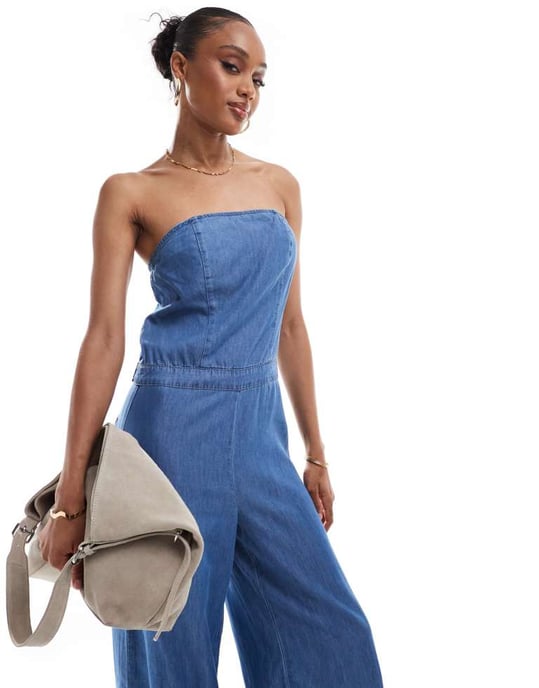 ONLY Tall bandeau vid ben denim jumpsuit i medtvätt - Image 2