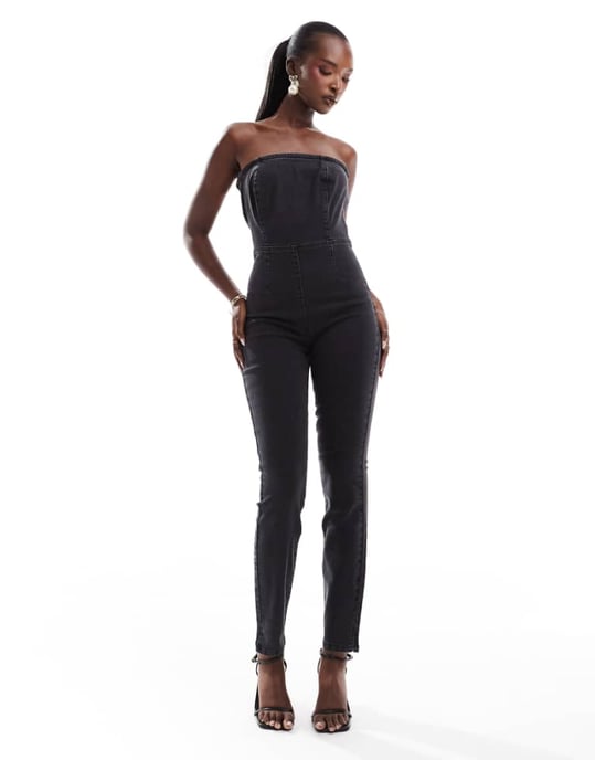 ASOS DESIGN denim bandeau bodycon jumpsuit i tvättad svart - Image 1