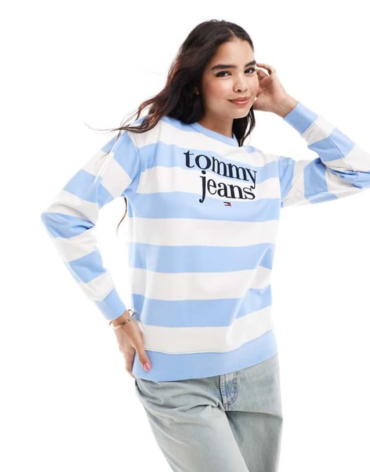 Tommy Jeans stor logotröja i blå och vit rand - Image 1
