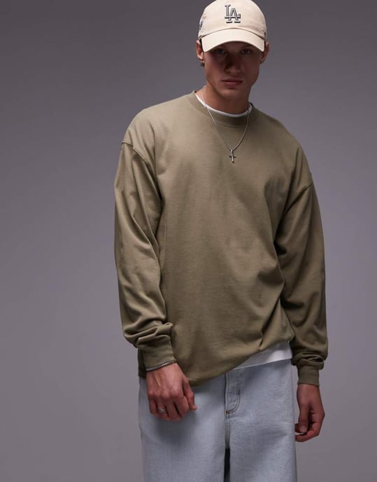 Topman avslappnad passform långärmad t-shirt i tvättad khaki - Image 1