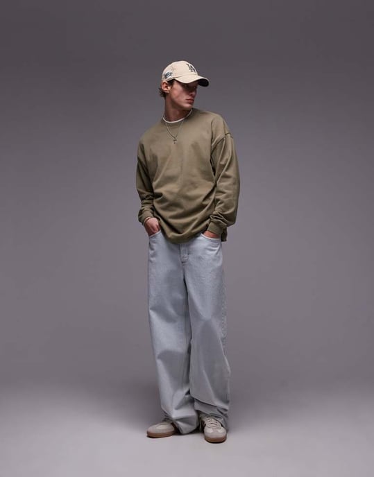 Topman avslappnad passform långärmad t-shirt i tvättad khaki - Image 3