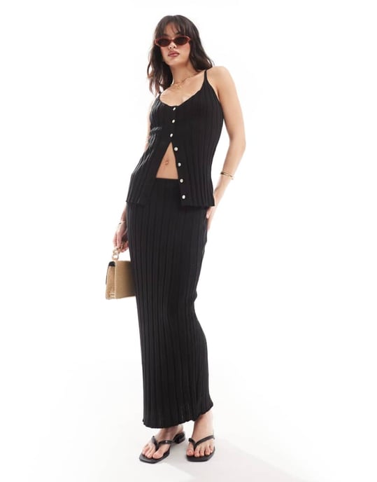 SNDYS knit rib knäppning bandeau topp koord i svart - Image 4