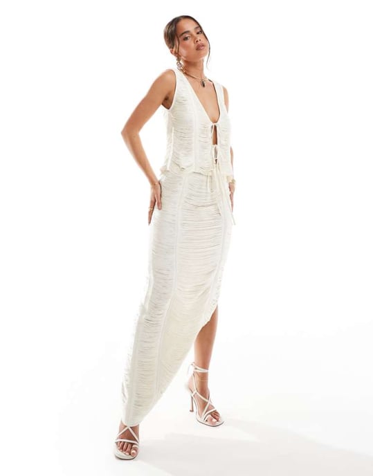 ASOS DESIGN premium fransad maxikjol co-ord i krämfärg - Image 1
