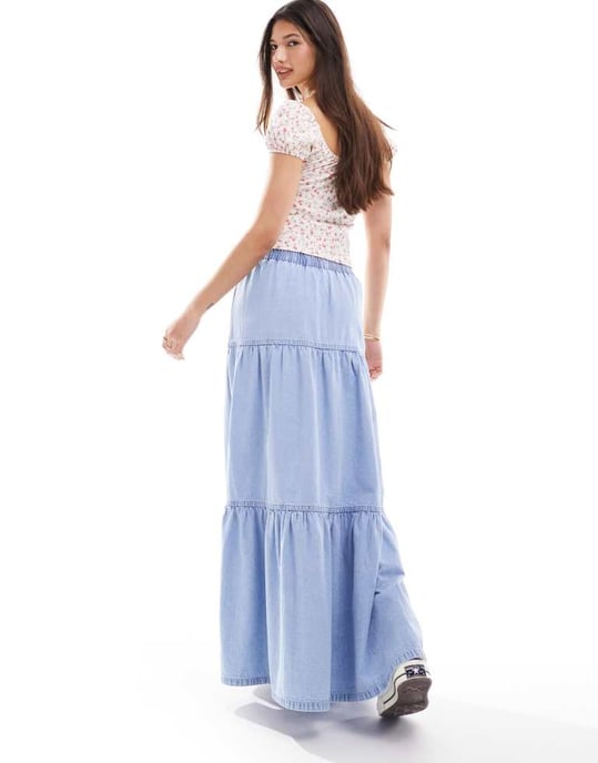 Miss Selfridge chambray flerlagig maxikjol i syra-blåtvätt - Image 2