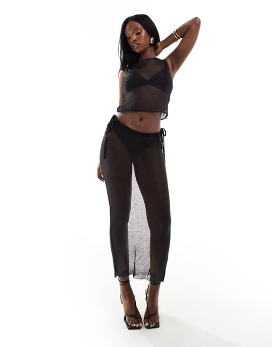 ASOS DESIGN stickad metallisk midaxi kjol co-ord i svart - Image 1