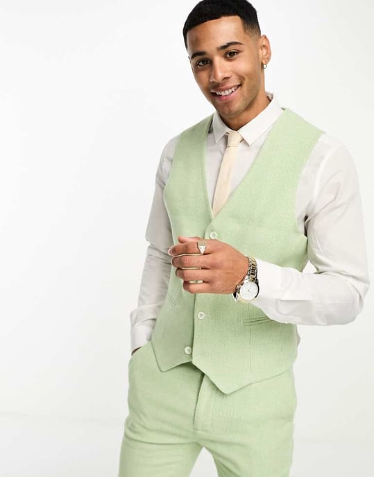ASOS DESIGN bröllop super skinny ullblandning hundtandsmönstrad väst i salviagrön - Image 2