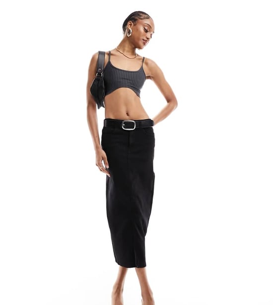 Vero Moda Tall denim midi kjol i svart - Image 1