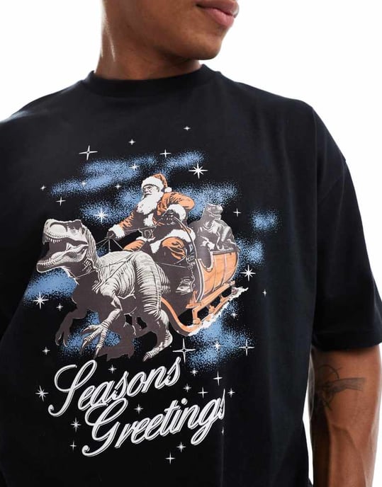 ASOS DESIGN pyjamapaket med jul-dinosaurie-slädförprint i svart - Image 3