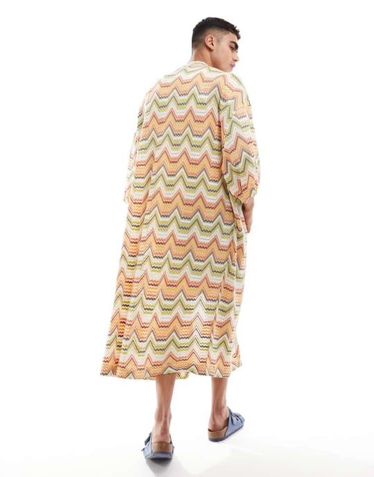 ASOS DESIGN kimono i persika och limegrön virkad randig stickning - Image 2