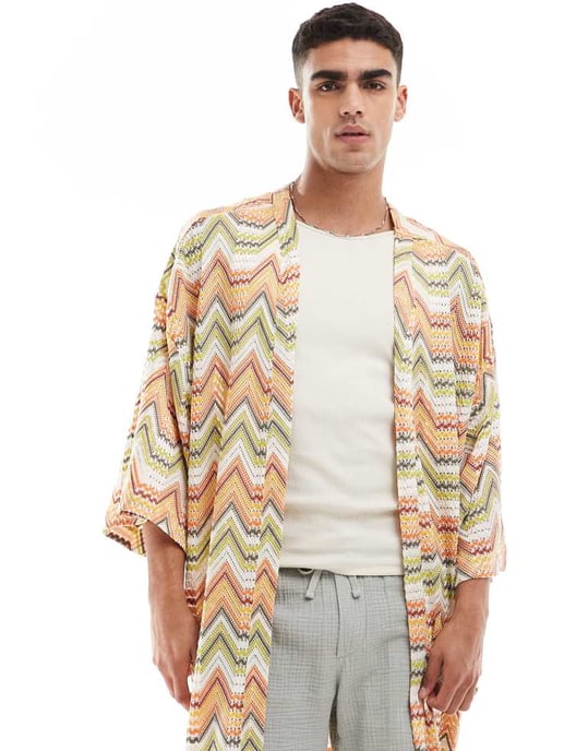 ASOS DESIGN kimono i persika och limegrön virkad randig stickning - Image 3