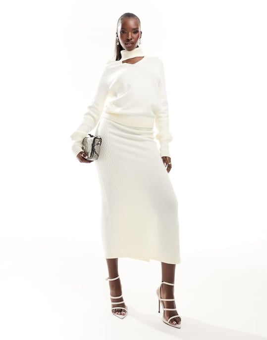 Y.A.S Kira stickad midikjol set i beige - Image 1