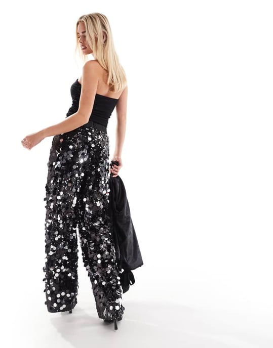 ASOS DESIGN Petite disco paljett skräddarsydd byxa i svart - Image 3