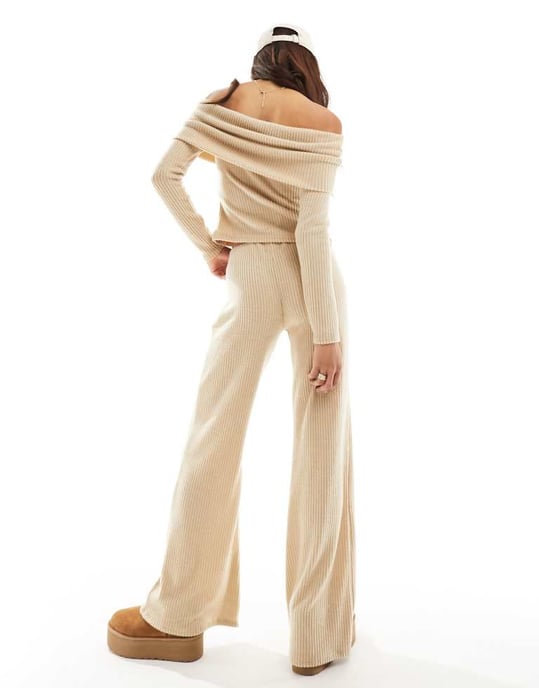 ASOS DESIGN matchande ribbad vidbyxa i sand - Image 3