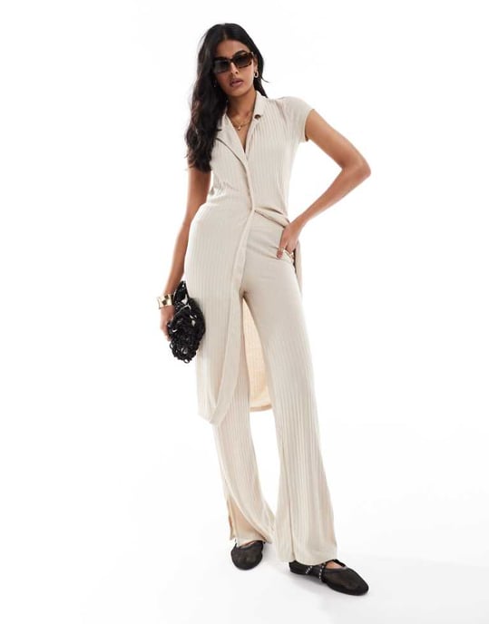 Vero Moda vida byxor med ribbat jersey i havre - Image 1