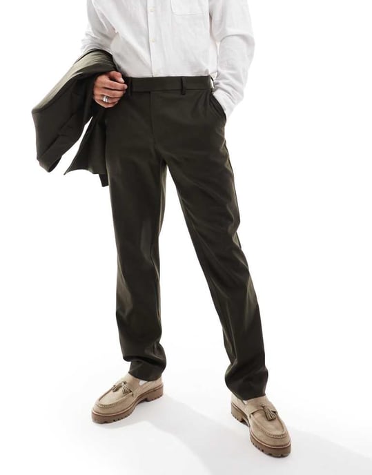 ASOS DESIGN slim fit ren ullblandning kostymbyxa i oliv - Image 4