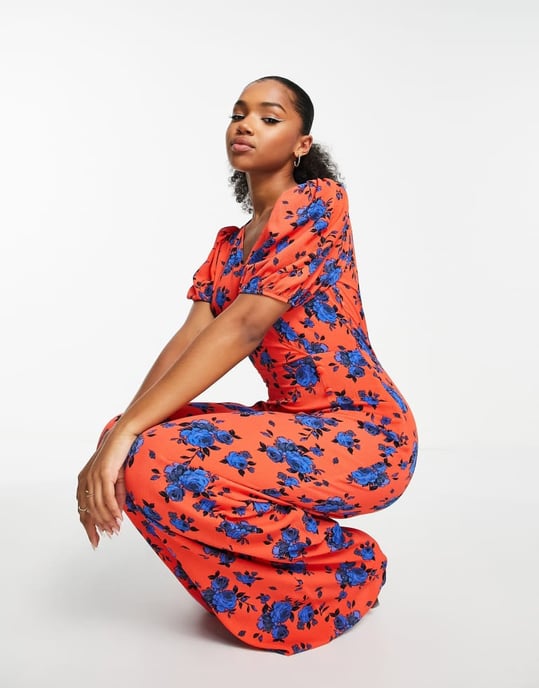 ASOS DESIGN bubbelflanell V-ringad jumpsuit med puffärmar i blommönster - Image 4