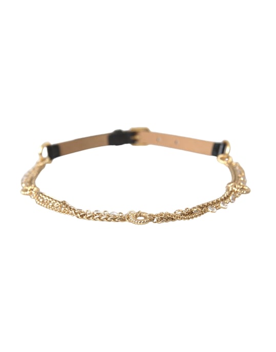 Cinturón de mujer Dolce & Gabbana de cuero negro con cadena dorada y cristales - Image 2