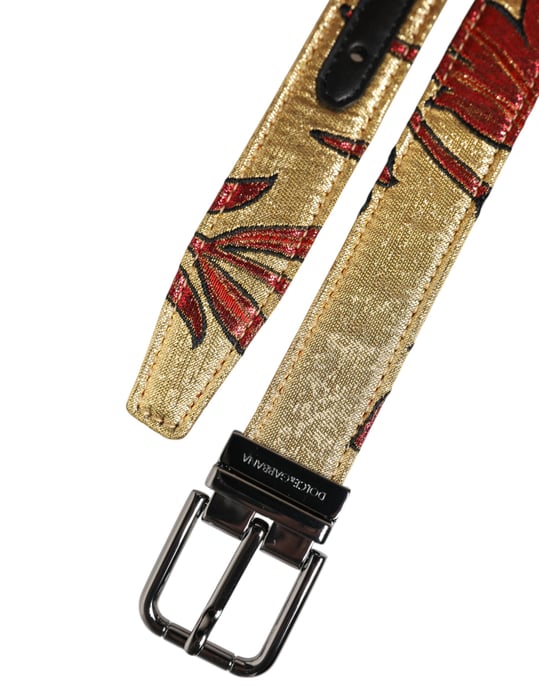 Cinturón de Jacquard Floral Dorado con Hebilla de Metal Plateado de Dolce & Gabbana - Image 6
