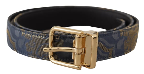 Cinturón de hebilla metálica en tono dorado con logo de jacquard azul marino de Dolce & Gabbana - Image 1
