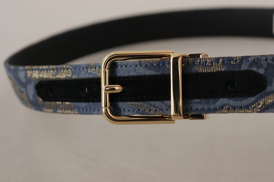 Cinturón de hebilla metálica en tono dorado con logo de jacquard azul marino de Dolce & Gabbana - Image 5