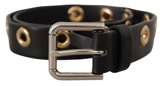 Cinturón de piel negra Dolce & Gabbana con hebilla de metal tono plateado y ojales. - Image 1