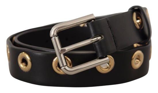 Cinturón de piel negra Dolce & Gabbana con hebilla de metal tono plateado y ojales. - Image 2