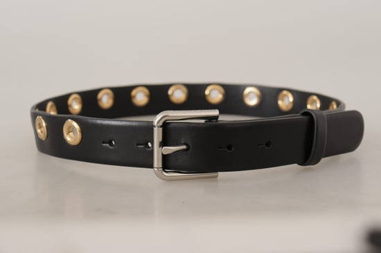 Cinturón de piel negra Dolce & Gabbana con hebilla de metal tono plateado y ojales. - Image 3