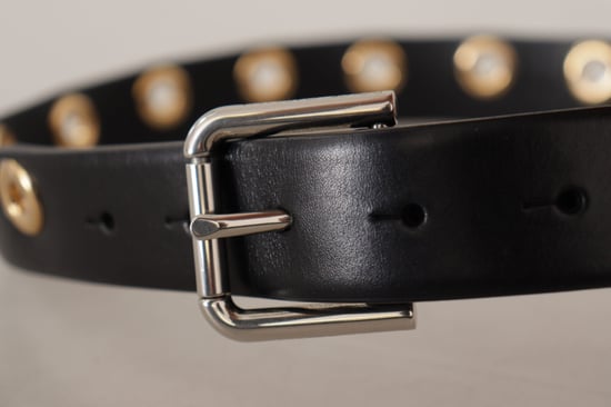Cinturón de piel negra Dolce & Gabbana con hebilla de metal tono plateado y ojales. - Image 4