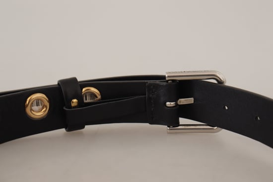 Cinturón de piel negra Dolce & Gabbana con hebilla de metal tono plateado y ojales. - Image 6